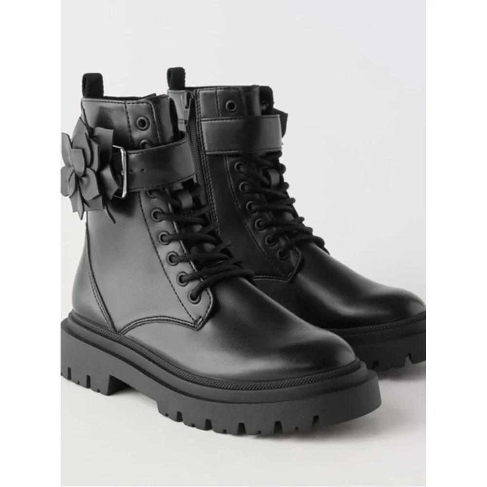 ZARA Girls Chunky Combat Boots Black | Floral Detail  | Trendy